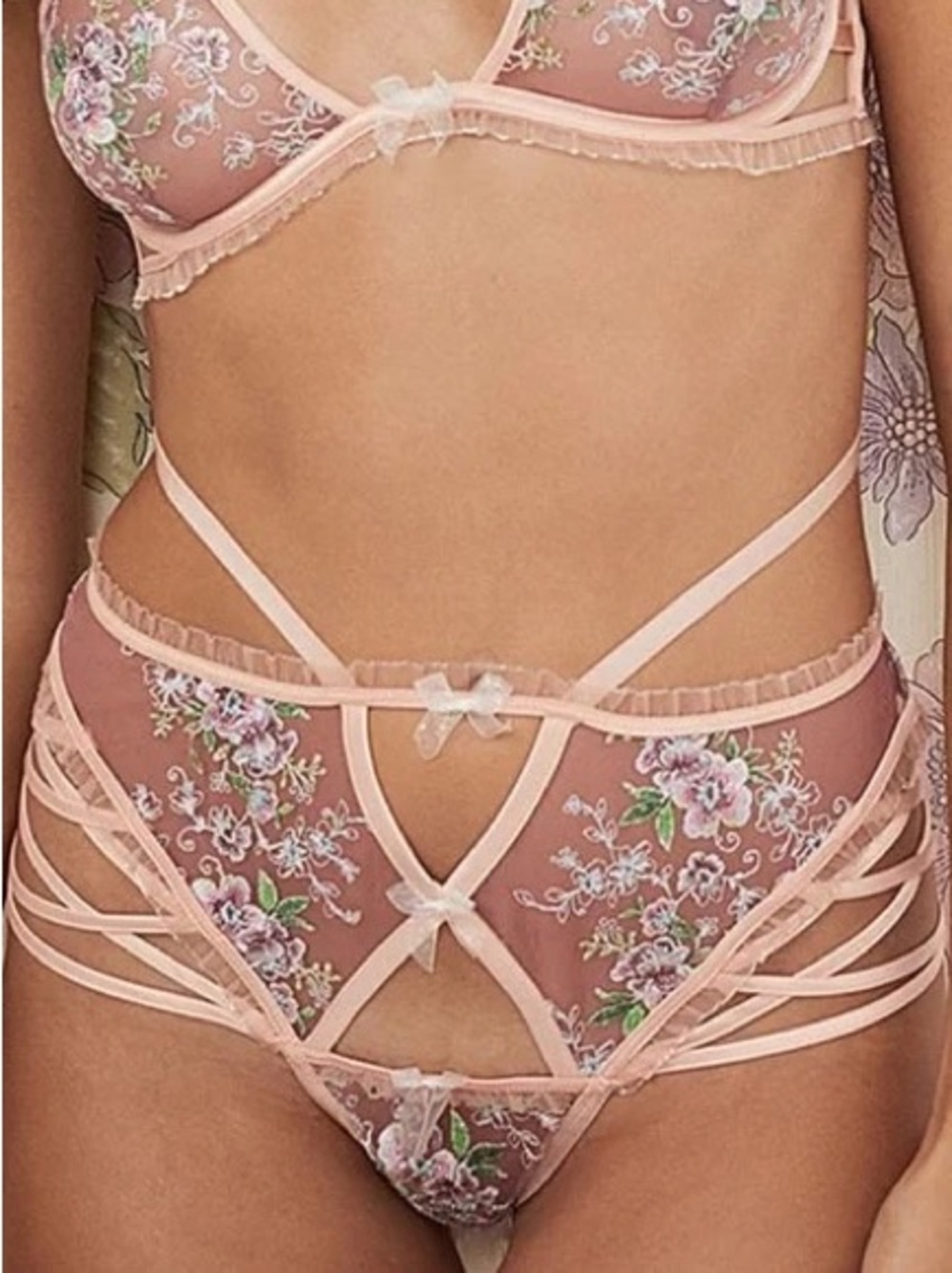 For Love & Lemons NWT Pink Floral Embroidered Strappy Panty Size Small